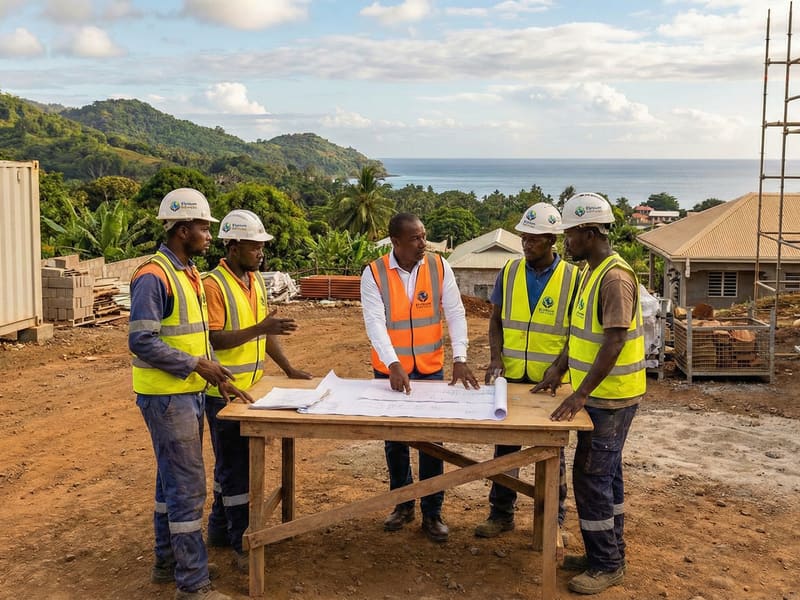 Artisans sur un chantier avec mer et relief en arrière-plan